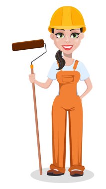 Güzel kadın Oluşturucusu üniformalı, çizgi film karakteri. Profesyonel inşaat işçisi. Boya silindiri tutan repairer kadın gülümsüyor. Beyaz arka plan üzerinde vektör çizim