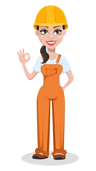 Vacker Kvinnlig Builder Uniform Seriefigur Professionell Byggnadsarbetare Ler Reparatör Kvinna — Stock vektor