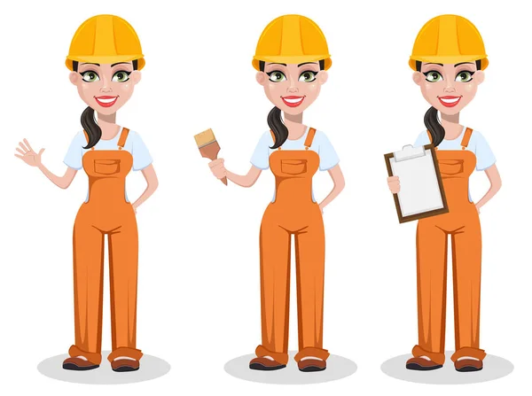 Schöne Bauarbeiterin Uniform Zeichentrickfigur Professioneller Bauarbeiter Lächelnde Reparaturfrau Mit Grußgeste — Stockvektor