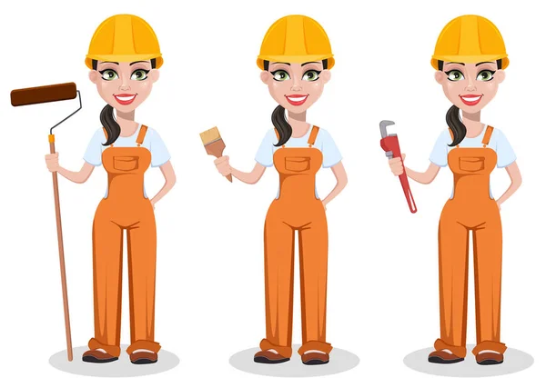 Construtora Feminina Bonita Uniforme Conjunto Personagens Desenhos Animados Trabalhador Construção — Vetor de Stock