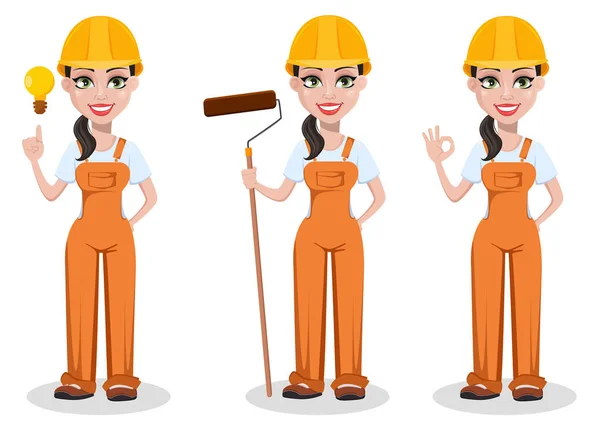 Construtora Feminina Bonita Uniforme Conjunto Personagens Desenhos Animados Trabalhador Construção — Vetor de Stock