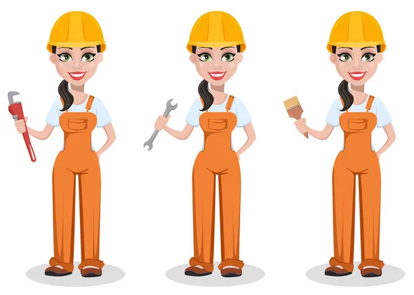 Construtora Feminina Bonita Uniforme Conjunto Personagens Desenhos Animados Trabalhador Construção — Vetor de Stock