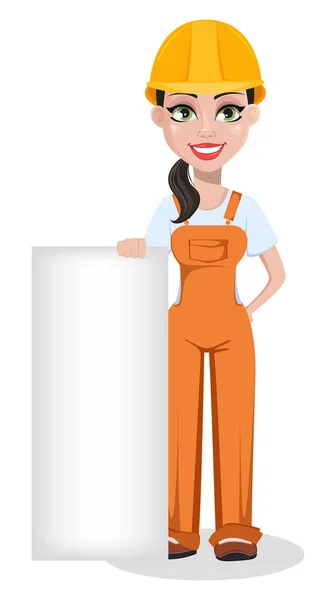 漫画のキャラクターの制服で美しい女性ビルダー プロの仕事師 空白のプラカードの近くに立って修理女性の笑みを浮かべてください 白の背景にベクトル画像 — ストックベクタ
