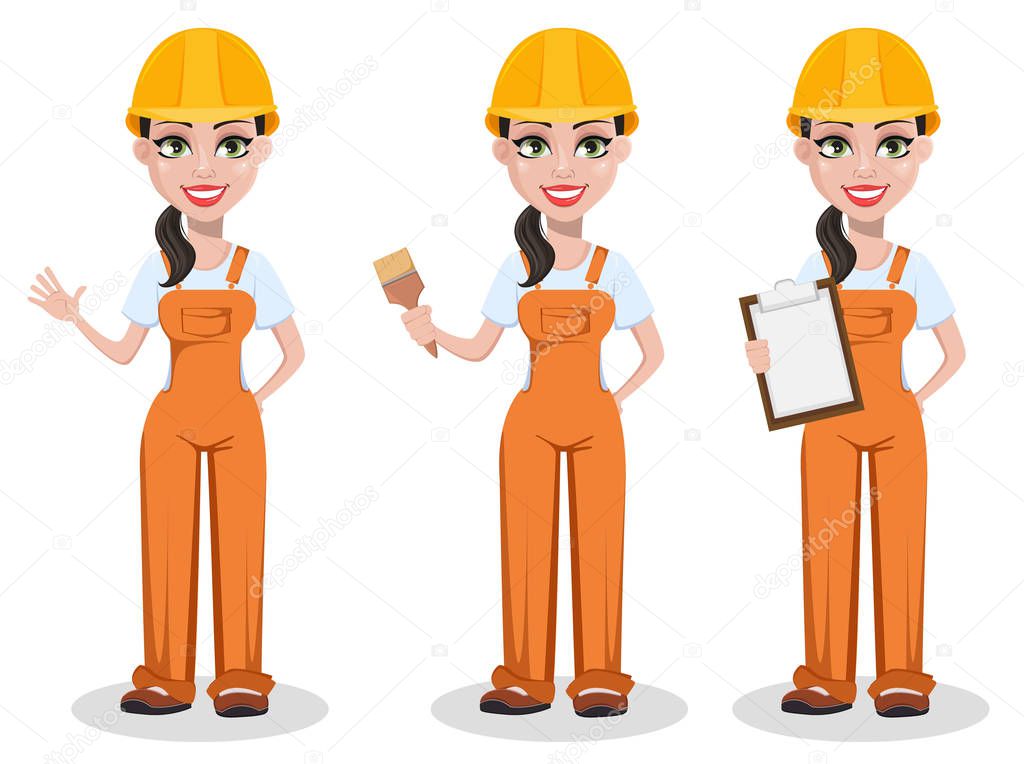 Beautiful female builder in uniform, cartoon character set. Professional construction worker. Smiling repairer woman showing greeting gesture, holding brush and holding clipboard. Vector illustration
