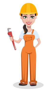 Güzel kadın Oluşturucusu üniformalı, çizgi film karakteri. Profesyonel inşaat işçisi. Ayarlanabilir anahtarı tutan repairer kadın gülümsüyor. Beyaz arka plan üzerinde vektör çizim