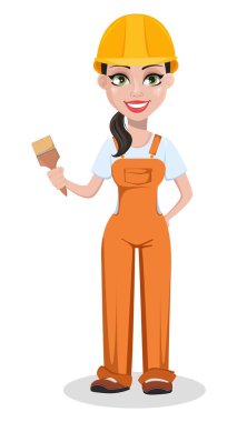 Güzel kadın Oluşturucusu üniformalı, çizgi film karakteri. Profesyonel inşaat işçisi. Boya fırçası tutan repairer kadın gülümsüyor. Beyaz arka plan üzerinde vektör çizim