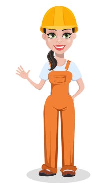 Güzel kadın Oluşturucusu üniformalı, çizgi film karakteri. Profesyonel inşaat işçisi. Repairer kadın sallanan el gülümseyerek. Beyaz arka plan üzerinde vektör çizim