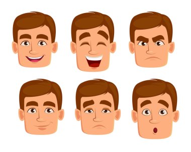 Kahverengi saçlı adam yüz ifadeleri. Farklı erkek duygular ayarlayın. Yakışıklı çizgi film karakteri. Beyaz arka plan üzerinde izole vektör çizim.