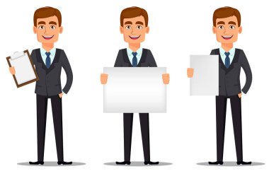 İş takım elbiseli, yakışıklı bankacı ayarlayın. Pano holding, büyük afiş tutarak ve küçük afişini holding neşeli çizgi film karakteri. Beyaz arka plan üzerinde vektör çizim.