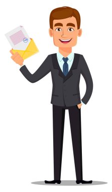 Yakışıklı bankacı iş takım elbiseli. Neşeli çizgi film karakteri holding zarf belge ile. Beyaz arka plan üzerinde vektör çizim.