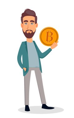 Altın bitcoin tutan işadamı çizgi film karakteri. İş adamı rahat kıyafetler içinde. Beyaz arka plan üzerinde vektör çizim.