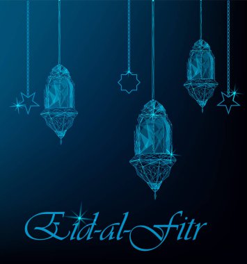 Eid Al bayramı tebrik kartı geleneksel Arapça fenerler ve yıldız asma. Poligonal sanat mavi zemin üzerine. Eid Mubarak için kullanılabilir. Hisse senedi vektör
