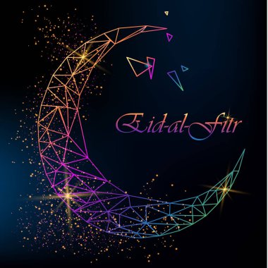 Eid Al Bayramı güzel tebrik kartı glitter koyu arka plan üzerinde ile poligonal renkli ay ile. Hisse senedi vektör