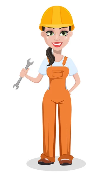 美丽的女建设者穿着制服 卡通人物 专业建筑工人 手持扳手的微笑修理工女人 白色背景上的矢量插图 — 图库矢量图片