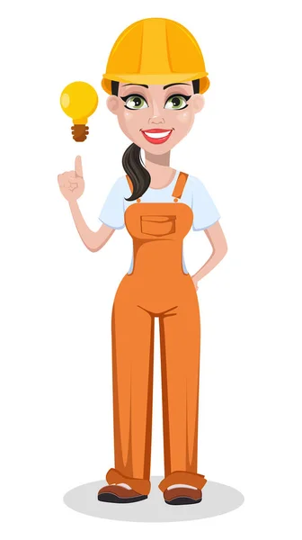 漫画のキャラクターの制服で美しい女性ビルダー プロの仕事師 良いアイデアを持つ笑顔の修理女性 白の背景にベクトル画像 — ストックベクタ