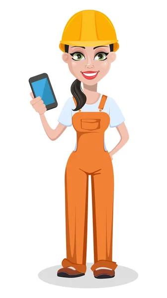 Beautiful Female Builder Uniform Cartoon Character Professional Construction Worker Smiling — Stock Vector