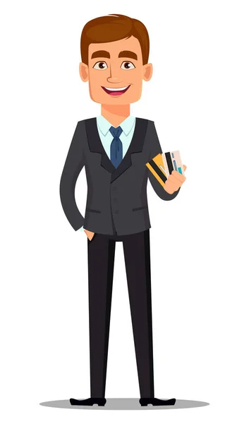 Gutaussehender Banker Geschäftsanzug Fröhliche Zeichentrickfigur Die Kreditkarten Hält Vektor Illustration — Stockvektor