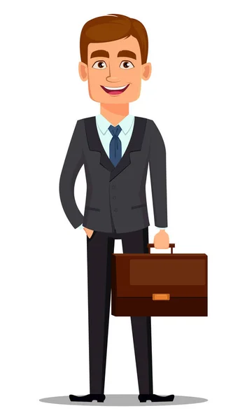 Gutaussehender Banker Geschäftsanzug Fröhliche Zeichentrickfigur Mit Aktentasche Vektor Illustration Auf — Stockvektor