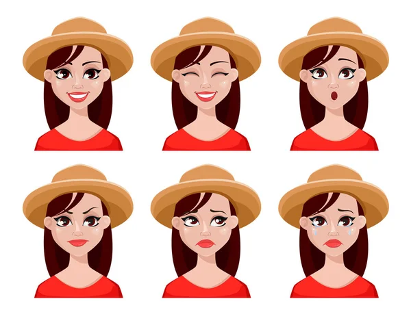 Expressions Faciales Agricultrice Chapeau Différentes Émotions Féminines Beau Personnage Dessin — Image vectorielle