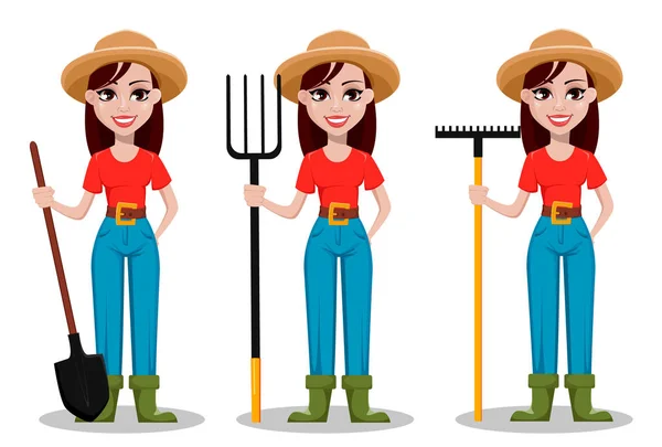 Kvinnliga Jordbrukare Seriefigur Uppsättning Tre Poser Glad Trädgårdsmästare Kvinna Ranchägare — Stock vektor