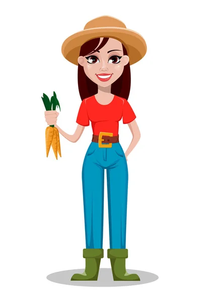 Kadın Çiftçi Çizgi Film Karakteri Neşeli Bahçıvan Kadın Çiftlik Taze — Stok Vektör