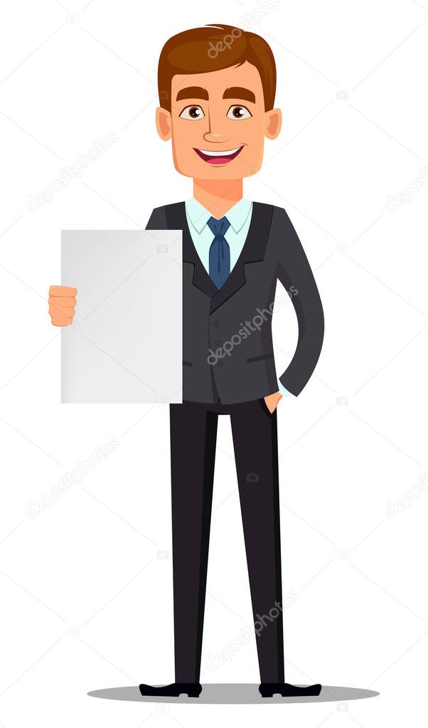 Handsome banker in business suit. Cheerful cartoon character holding little blank placard. Vector illustration on white background.