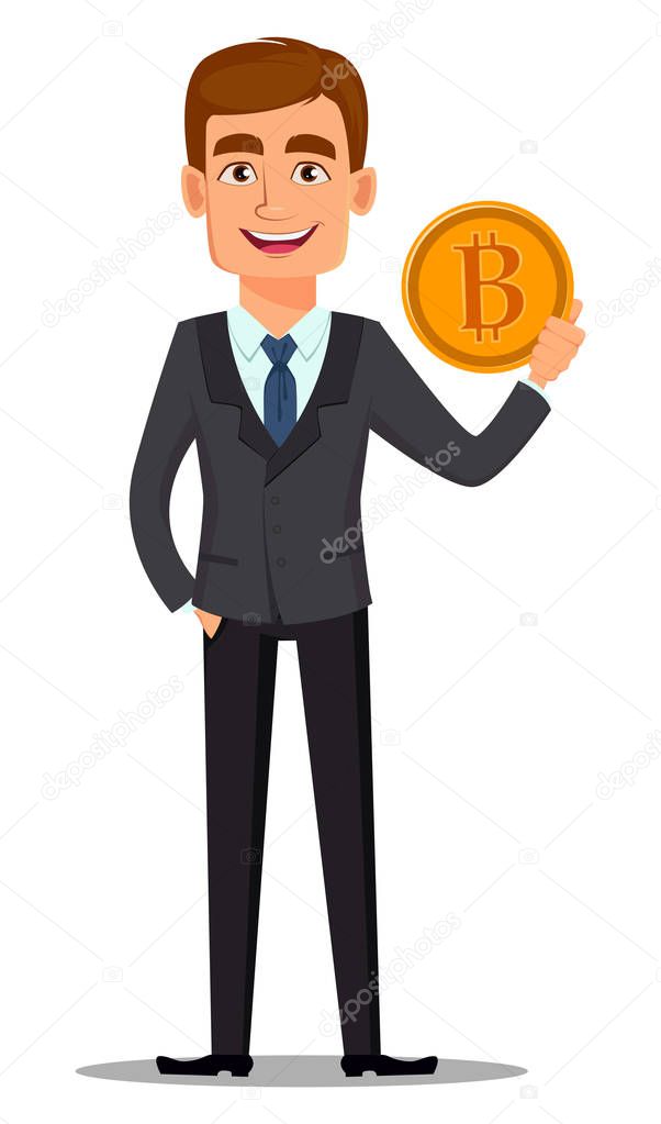 Handsome banker in business suit. Cheerful cartoon character holding golden bitcoin. Vector illustration on white background.