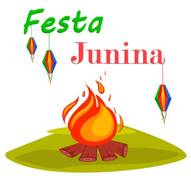 Festa Junina tebrik kartı, poster, afiş veya şenlik ateşi ile davet. Brezilya Haziran Festivali. Vektör çizim