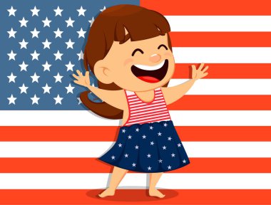 Mutlu bağımsızlık günü tebrik kartı. Gülümseyen kız ABD bayrağı önünde ayakta. 4 Temmuz illüstrasyon vektör. 