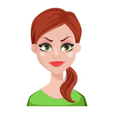 Yüz ifadesi temiz kadın kahverengi saçlı. Kadın duygu, hiç memnun kalmamıştı. Güzel çizgi film karakteri. Beyaz arka plan üzerinde izole vektör çizim.