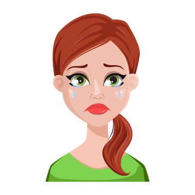 Yüz ifadesi temiz kadın kahverengi saçlı. Kadın duygu, ağlıyor. Güzel çizgi film karakteri. Beyaz arka plan üzerinde izole vektör çizim.