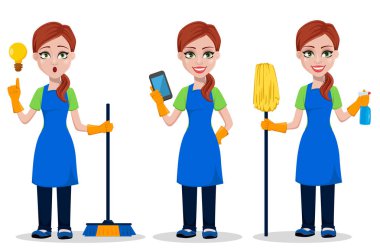 Şirket personeli üniformalı, temizlik üç pozlar ayarlayın. Kadın çizgi film karakteri ile iyi bir fikir, smartphone ile ve süpürge ve püskürtücü ile temiz. Vektör çizim.