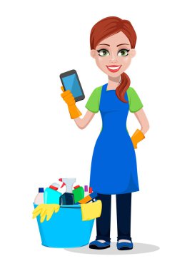 Temizlik şirket personeli üniformalı. Kadın çizgi film karakteri ile smartphone ve kova deterjanlar tam ile temiz. Beyaz arka plan üzerinde vektör çizim