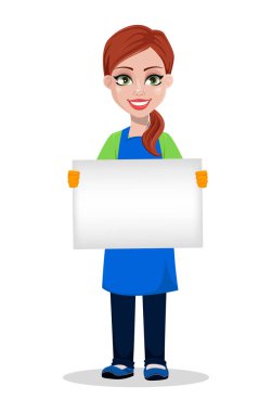 Temizlik şirket personeli üniformalı. Kadın karikatür karakter temiz tutarak boş tasarlamak. Beyaz arka plan üzerinde vektör çizim
