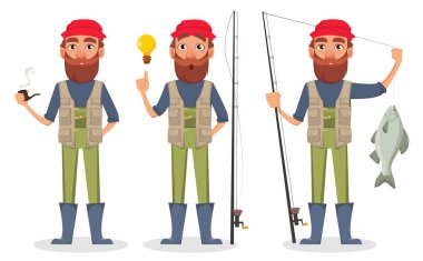 Fisher karikatür karakter kümesi üç teşkil etmektedir. Balıkçılar yasaktır boru ile iyi bir fikir ve balık ve olta ile. Vektör çizim