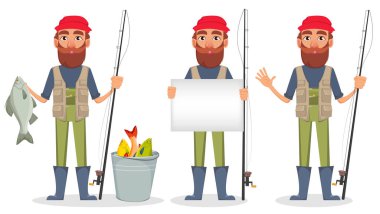 Fisher karikatür karakter kümesi üç teşkil etmektedir. Balıkçılar yakaladı balık, boş tasarlamak ve olta ile. Vektör çizim