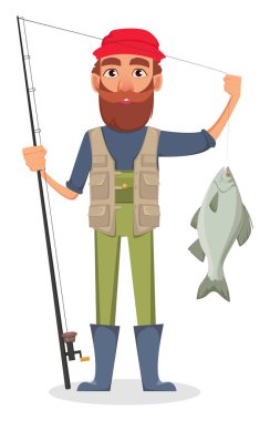 Fisher çizgi film karakteri. Olta ile yakalanan balık tutan balıkçılar. Beyaz arka plan üzerinde vektör çizim