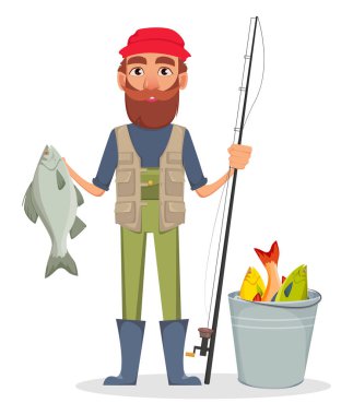 Fisher çizgi film karakteri. Olta ile yakalanan balık tutan ve kova duran balıkçılar. Beyaz arka plan üzerinde vektör çizim