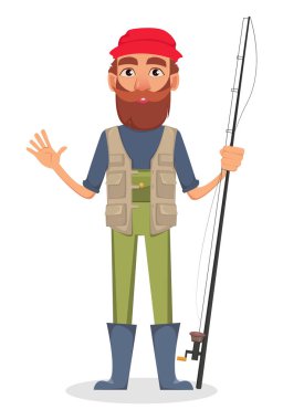 Fisher çizgi film karakteri. Olta basılı tutup sallayarak balıkçılar ver. Beyaz arka plan üzerinde vektör çizim