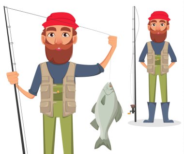 Fisher çizgi film karakteri, ayarlayın. Balıkçılar ile yakalanan balık ve olta ile. Vektör çizim