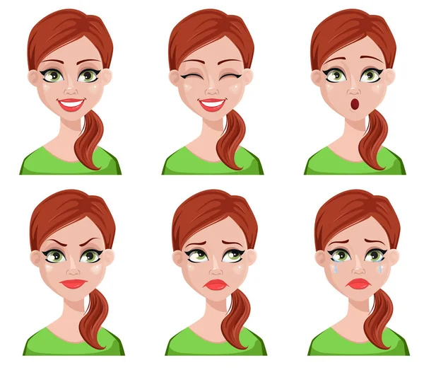 Kahverengi Saçlı Temiz Kadın Yüz Ifadeleri Farklı Kadın Duygular Ayarlayın — Stok Vektör