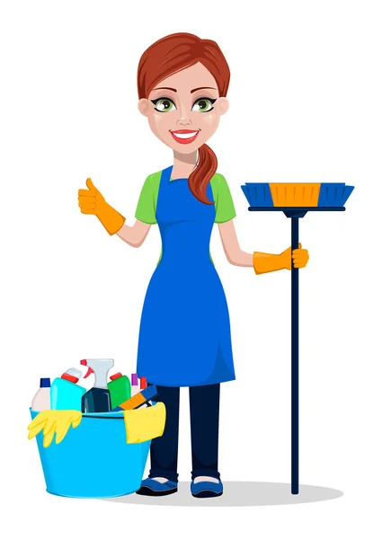 Personel Sprzątający Firmy Mundurze Kobieta Kreskówka Cleaner Pędzlem Wiadro Pełne — Wektor stockowy