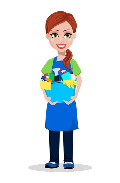 制服のクリーニングの会社のスタッフ クリーナー洗剤とバケツを持って女性の漫画のキャラクター 白の背景にベクトル画像 — ストックベクタ