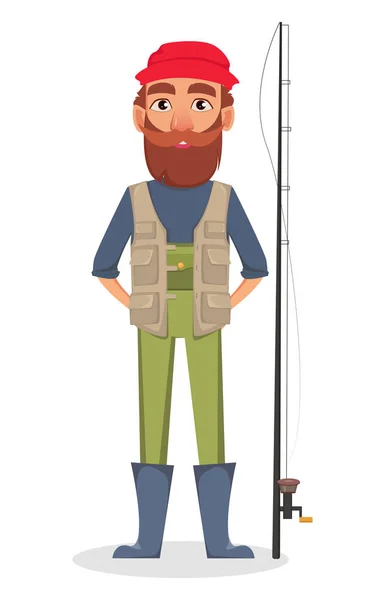 Personaje Dibujos Animados Fisher Pescadores Cerca Caña Pescar Ilustración Vectorial — Vector de stock