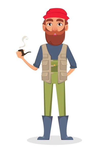 Personaje Dibujos Animados Fisher Pescadores Con Pipa Humeante Ilustración Vectorial — Vector de stock