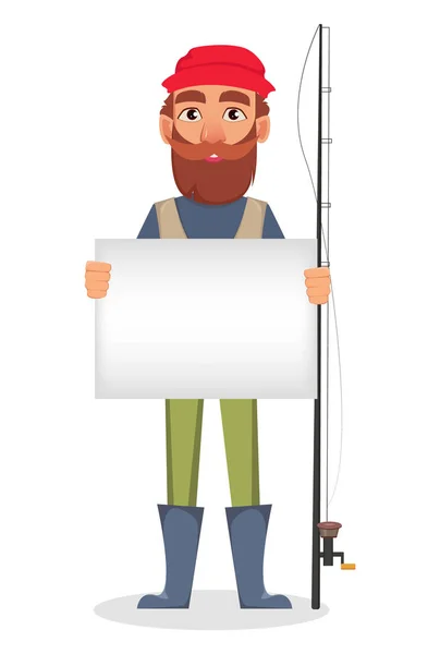 Personaje Dibujos Animados Fisher Pescadores Sosteniendo Pancarta Blanco Pie Cerca — Vector de stock