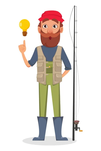 Personaje Dibujos Animados Fisher Pescadores Con Una Buena Idea Ilustración — Vector de stock