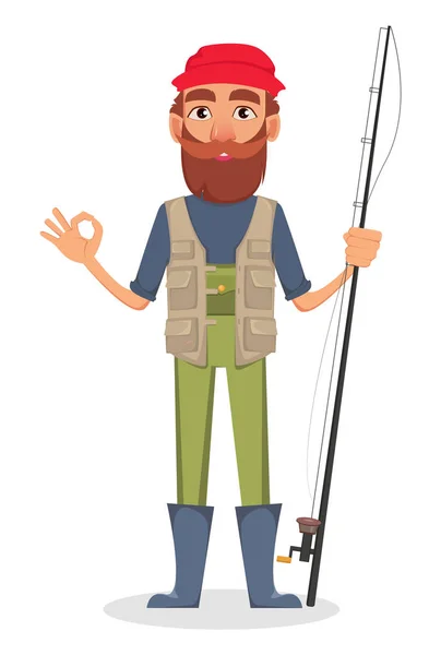 Personaje Dibujos Animados Fisher Pescadores Sosteniendo Caña Pescar Mostrando Señal — Vector de stock