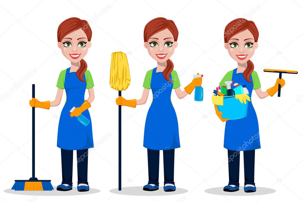 Cleaning company staff in uniform, set of three poses. Woman cartoon character cleaner with brush, with broom and sprayer and with scraper and bucket full of detergents. Vector illustration.