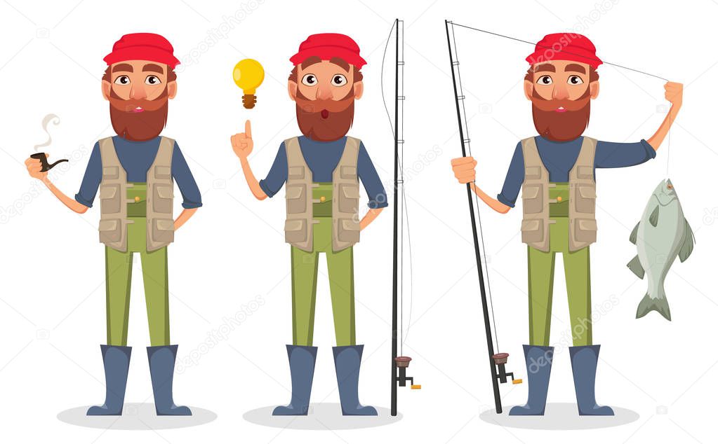 Fisher cartoon character, set of three poses. Fishermen with smoking pipe, with a good idea and with fishing rod and fish. Vector illustration